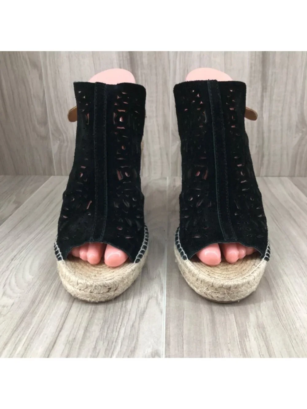 Seychelles Wedge Sandals Womens 8.5 Black Suede Buckle Stap Espadrille Shoes
